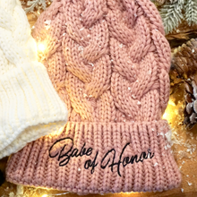 Load image into Gallery viewer, Soft mauve beanie with 'Babe of honor' in black embroidery and faux fur pom-pom. A Great gift for a winter bridesmaid proposal.