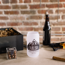 Load image into Gallery viewer, Frosted Beer Can Glass with Mountain Design - 18 ounce custom beer mug with a rustic touch, perfect for outdoor adventures and weddings. Can-shaped design with personalized monogram or name makes it a great gift for groomsmen or any beer lover.
