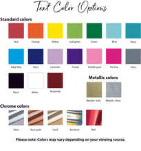 Load image into Gallery viewer, Vinyl color chart for stemless champagne flute personalization, featuring every shade of the rainbow, plus metallic and chrome  options such as gold and silver.
