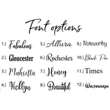 Load image into Gallery viewer, font chart displaying 12 font options in various styles and sizes. The chart includes serif, sans-serif, script, and decorative fonts, each labeled with its name for easy reference. The fonts range in size from small to large, allowing for a variety of design options
