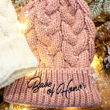 Load image into Gallery viewer, Soft mauve beanie with &#39;Babe of honor&#39; in black embroidery and faux fur pom-pom. A Great gift for a winter bridesmaid proposal. 
