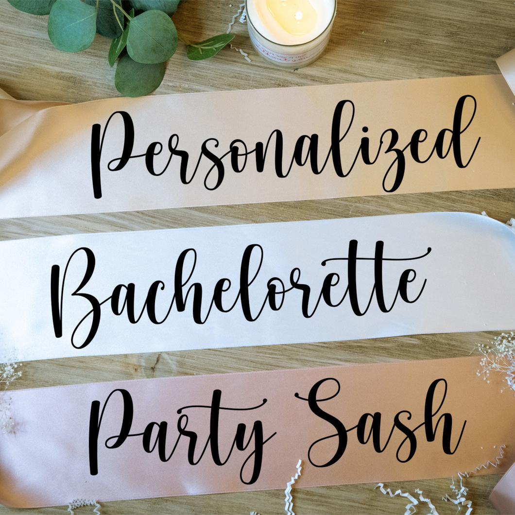 A collection of customizable bachelorette and birthday sashes in various colors and designs including senior, Happy Birthday, Bride-to-Be, Birthday Girl, 21st Birthday, and Bachelorette options.