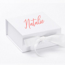 Load image into Gallery viewer, white proposal box empty sample with Natalie printed on top
