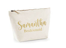 Load image into Gallery viewer, Stylish and durable canvas makeup bag with customizable monogram, perfect for organizing cosmetics and toiletries on-the-go or at home. Spacious interior and secure zipper keep essentials organized and accessible. Great gift idea for Bridesmaids, beauty enthusiasts and travelers.
